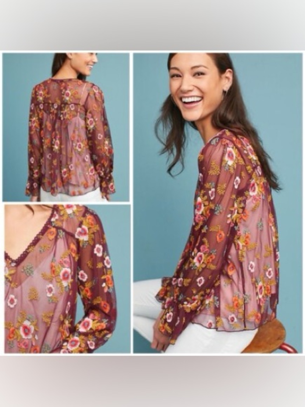 Anthropologie Feather Bone Floral Embroidered Sheer Maroon V Neck Blouse Small